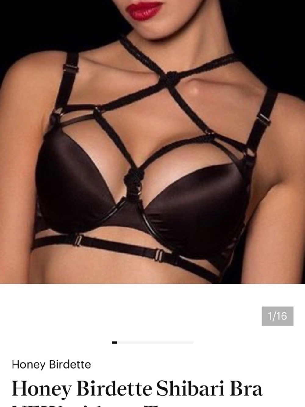 Honey Birdette SHIBARI Bra. Black satin with rope harness, gold hardware.14E